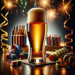 DALL·E 2023-12-31 09.25.06 - A professional photo of beer, elegantly presented with decorations of streamers and table fireworks. The main focus is on a perfectly poured glass of .png